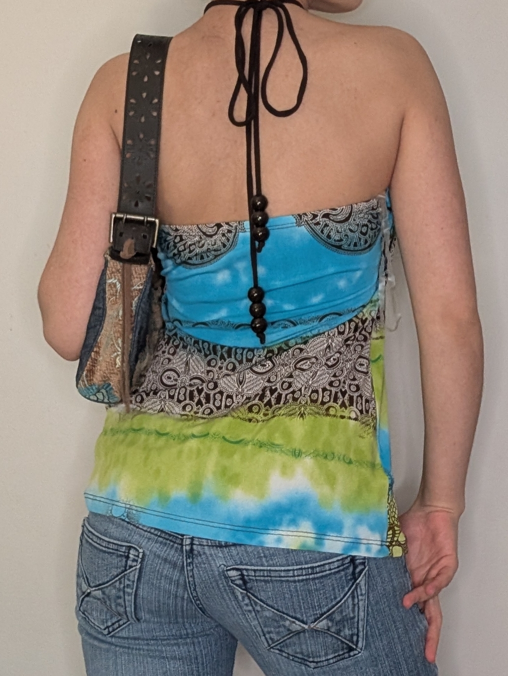 Suzy Shier Y2K Blue and Lime Halter Print Top